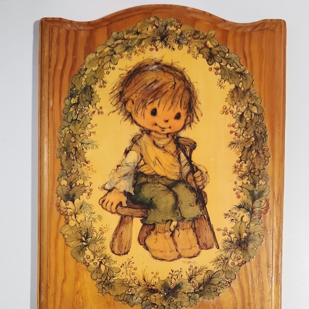 Vintage Wooden Wall Art with Child Illustration